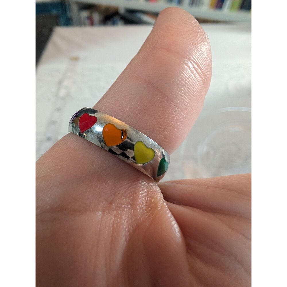 Silver Stainless Steel Rainbow Heart Ring Size 11 Cute Everyday Band - Picture 8 of 8